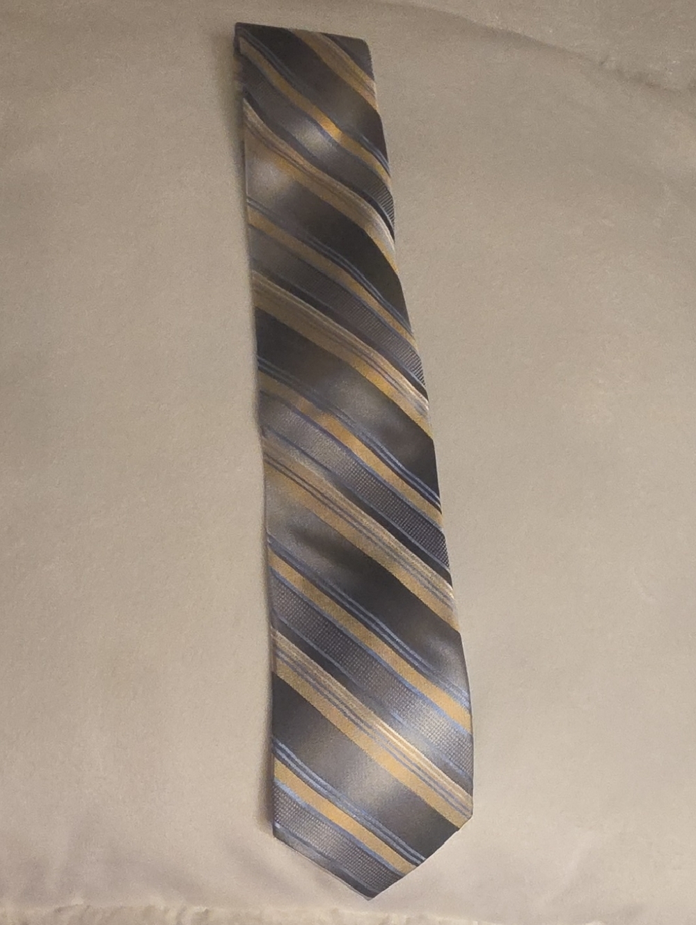 Pronto Uomo Silk Hand Made Gray Tie with Gold and Blue Stripes X Large 65 Inches